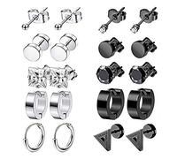 10 Pairs Black Stud Earrings - Classic Zircon Studs, Stylish for Men & Women - Stainless Steel, Neutral Silver & Black - Ear Cartilage or Other Parts