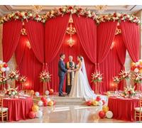 10 Panels Wrinkle Free Red Backdrop Curtain for Wedding Party, 50ft x 10ft Fabric Red Photo Backdrop Drapes Back Drop Cloth for Birthday Bridal Shower Baby Shower Photography Background Curtain