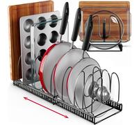 10+ Pans BetterThingsHome Expandable Pan Organizer Rack: Can Be Extended to 56.5 cm, Total 10 Adjustable Compartments, Pantry Cupboard Bakeware Lid Plate Holder (10+ Pan Organizer)