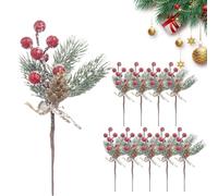 10 Pcs 20cm Artificial Pine Berry Picks - Realistic Red Holly Stems with Pine Cones & Snow-Dusted Foliage, Fake Christmas Pines Branches for Wreath, Garland, DIY Holiday Decor (Red & White)