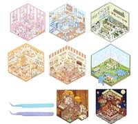 10 PCS 3D Stickers, 3D Sticker Scene, Sticker Therapy, 3D DIY House Sticker Set, Funny Cartoon Scene Stickers, Make Your Own Supermarket, Restaurant, Scene Sticker with Tweezers for Adult Kid