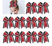 10 PCS 7" Large Glitter Cheer Bows Girls Red Black Ponytail Holders Hair Bows Bulk Elastic Hair Ties Accessories for Cheerleaders Teens Women Teams Competition Sports Pack of 10