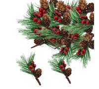 10 Pcs Artificial Pine Picks Christmas Pine Needles with Red Berries Pines Cones,Christmas Artificial Pines Cones Berry Stems Decor Bouquets for Craft,Garden,Xmas Flower Arrangements Wreaths Decor