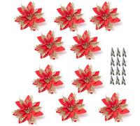 10 PCS Artificial Poinsettia Christmas Decorations Glitter Christmas Tree Flowers, 15cm Artificial Chritstmas Flowers for Xmas Tree Decorations with Clips, Red + Gold