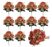 10 Pcs Autumn Artificial Flowers Faux Rose Hydrangea Autumn Decoration | Orange Fake flowers Vintage Faux Silk Peonies Bouquets Fall Flowers for Thanksgiving Wedding Table Centerpieces Home Decor