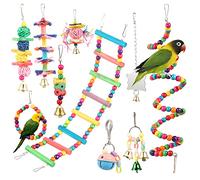 10 Pcs Bird Swing Chewing Toys with Hanging Bell and Mirror, Beads Rotate and Climbing Ladders Wooden Bird Toys for Conures Love Birds Small Parakeets Cockatiels
