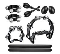 10 Pcs Black Tambourine Set, Include Large Hand Drum, 4 Jingle Tambourine, Rhythm Sticks, Egg Shakers, Wrist Bells, A Pair Maracas, Percussion Instrument Set for Party, Church