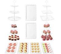 10 Pcs Cake Stand White Plastic Dessert Table Stand Set 4 Pcs 3 Tired Cupcake Display Stands Cookie Tray Rack Serving Tray Cake Display Tower and 6 Pcs Dessert Trays for Wedding Baby Shower Tea Party
