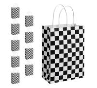 10 Pcs Checkered Racing Treat Bags Race Car Party Favors Bag with Handles Black and White Checkered Racing Flag Candy Bags Goodie Bags for Race Car Themed Birthday Party Supplies