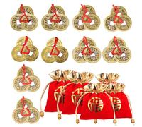 10 Pcs Chinese Feng Shui Three Ching Coins,5 Pack Red Drawstring Blessing Storage Bag, Chinese New Year Decoration, Good Luck Fortune Coins for Health Wealth Success to Friends Families