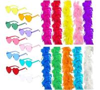 10 Pcs Colorful Feather Boas with 10 Pcs Heart Rimless Sunglasses，6.6ft/2m Turkey Feather Boa for Women for Dancing Wedding Party Halloween(10-piece set)