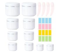 10 Pcs Cosmetic Sample Jars, 10/20/30/50/100ml Refillable Travel Pots for Toiletries, Empty Plastic Travels Containers with Lids, Includes 4 Spatulas and 160 Labels,Plastic White Travel Containers