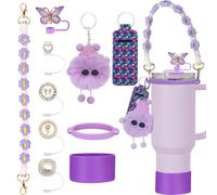 10 Pcs Cup Accessories Set for Stanley, Water Bottle Decor Including Straw Cover, Silicone Boot, Boho Woven Handle Strap,Charms for Cup 30/40oz Tumbler(Purple)