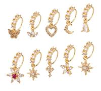 10 Pcs Dangle Nose Stud Rings Hoops, Copper Dainty Star Moon Heart Leaf Dangle Nose Hoop Piercing Jewelry for Women Fashion Accessories(Gold)