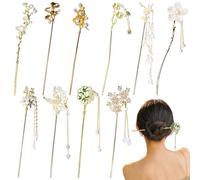 10 Pcs Decorative Vintage Retro Pearl Gold Metal Hair Sticks Pins with Pearl Jade Dangles Tassels Pendants, Chinese Hanfu Asian Gold Metal Flower Butterfly Hair Sticks Hair Chopsticks for Women Girls