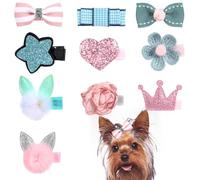 10 PCS Dog Bows, Dog Hair Bow Clips for Small Dogs with Rubber Bands, Cute Flower Crown Hairpin, Head Flower Hair Pins Dogs Grooming Kids Set for Yorkie Maltese Pets Girl Puppy Accessories (Pink Blue)