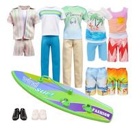 10 Pcs Doll Clothes and Accessories Compatible with Ken, Summer Surfing Outfits with Surfboard, 5 Sets Fashion Casual Wear, 2 Beach Shorts and 2 Shoes, Wonderful Birthday Gift for Kids