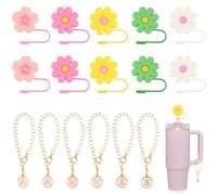 10 Pcs Flower Straw Topper for Stanley Cup, Silicone Straw Toppers, 10mm Straw Cover Cap, Reusable Straw Covers with 6 Letters Pendant for Travelling Camping (5 Colors)