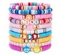 10 Pcs Friendship Bracelets Set, Beaded Bracelets with Smile Face, Heart, Stars, Letter Beads, Stretch String BFF Friendship Gifts for Girls and Kids, Girls Party Bag Fillers (Multicolor D (10 Pcs))