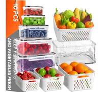 10 PCS Fruit Storage Containers for Fridge with Removable Colander, All-In-One Vegetable Berry Storage Containers for Washing, Draining, Freshness, the Largest Size with Handles（M）