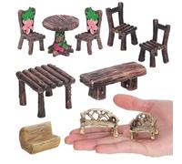 10 Pcs Garden Furniture Ornaments Miniature Table and Chairs Set, Village Micro Resin Bench Chair for Dollhouse Accessories Home Micro Landscape Fairy Garden Accessories Mini Bench Set Decor