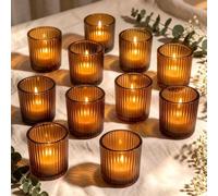 10 pcs Glass Tea Light Candle Holders 6,5 x 5,5cm Amber Tealight Holder | Ribbed Taller and Thicker Heat-resistant and Windproof for Table Centrepieces Home Decor Wedding Christmas Birthday Party