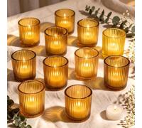 10 pcs Glass Tea Light Candle Holders 6,5 x 5,5cm Gold Tea Light Holders | Ribbed Taller and Thicker Heat-resistant and Windproof for Table Centrepieces Home Decor Wedding Christmas Birthday Party