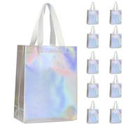 10 Pcs Glossy Iridescent Party Bags, Non-Woven Holographic Tote, Shiny Gift Bag with Handles, Reusable Gift Bags for Present, Large Party Bag for Wedding, Christmas, Shopping