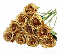 10 Pcs Gold Artificial Roses Silk Flowers - Single Long Stem Realistic Blooming Roses for Bridal Bouquet/Wedding/Christmas/Home/Party/Hotel/Garden Decoration, DIY Floral Arrangement Crafts