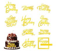 10 Pcs Gold Happy Birthday Cake Toppers, Acrylic Cupcake Topper with 10 Assorted Stylish Designs Mirror Side Cake Decoration Inserts for DIY Cakes Decor Cakes Tools Birthday Party Supplies