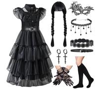 10 Pcs Gothic Dress Costume Set for Kids Girls, Halloween Fancy Dress Up Princess Costume Dress Gothic Cosplay Outfit Black Dress with Wig Necklace Waist for Halloween Carnival Party Supplies (120cm)