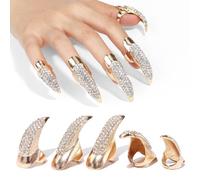10 Pcs Gothic Punk Halloween Costume Accessories Adjustable Claws Ring Set, 3 Sizes Fake Nails Crystal Full Finger Rings for women Men Nail Art Vampire Cat Wolf Cosplay Party (Golden)