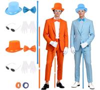 10 Pcs Halloween Adult Blue and Orange Top Hat Costume include Top Hat Bow Ties Glasses Gloves Socks and Spliced Walking Stick for Man and Woman Halloween Cosplay Party