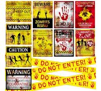 10 pcs Halloween Decoration Tape Warning Set Creepy Cling Stickers (13.8x10.6in) + 2in x 82ft Caution Tape, Haunted House Barricade Kit for Indoor Outdoor Scary Decor, Party Props & Photo Backdrops