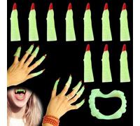10 Pcs Halloween Witch Fingers With 1Pcs Glowing Vampire Teeth Halloween Glow Witch Fingers Halloween Glow in The Dark Vampire Fangs Luminous Monster Teeth Halloween Costume Glow Finger Nail