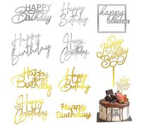 10 Pcs Happy Birthday Cake Toppers Gold and Silver Mirror Acrylic Cake Toppers 10 Unique Happy Birthday Side Topper Styles for Decorations and Party Desserts