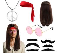 10 PCS Hippie Costumes, Hippy Accessories, 70s Fancy Dress Mens Women, Hippie Clothes Set with Wig, Glasses, Peace Necklace, Headband, 6 Beards, for Halloween Festival Retro Parties Favors Decorations