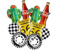 10 Pcs Inflatable Wheels Tire, US Highway 66 Sign, Cactus, Cola Bottle & Checkered Balloons for Road Trip Party/Route 66 Decor/Retro Highway/Race Car/American Diner/1950s Retro Party Decorations