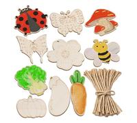 10 PCS Insect Wooden Cutouts for Painting + 10 Jute Twine Strings, Unfinished Butterfly Bee Ladybug Wood Craft Shapes, Laser Engraved DIY Wood Ornaments 3-4 Inch