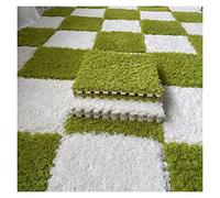10 Pcs Interlocking Soft Shaggy Carpet Tiles Fluffy Foam Mats Anti-Slip Play Mat for Living Room & Bedroom Green & White Area Rugs Cozy Home Flooring