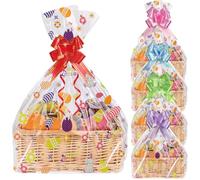 10 Pcs Large Easter Cellophane Gift Bags with 10 Pull Bows, 17.7x23.6 Inch Clear Basket Wrap Bags with Bunny and Egg Patterns, Hampers Bags for Candy Cookie Treats and Party Favors
