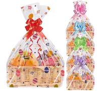 10 Pcs Large Easter Cellophane Gift Bags with 10 Pull Bows, 24x30 Inch Clear Basket Wrap Bags with Egg Patterns, Hampers Bags for Candy Cookie Treats and Party Favors