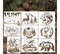 10 Pcs Large Wildlife Animal Wood Burning Stencils Reusable Mountain Deer Wolf Dog Cow Horse Fish Bear Stencils for Wood Sign Wall T-Shirt Fabric DIY Crafts Decor