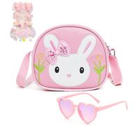 10 Pcs Little Girls Handbag Set, Pink Cute Rabbit Crossbody Bag with Cartoon Heart Shaped Sunglasses and 8 Pcs Bow Hair Clips, Kids Shoulder Bag for Kids Birthday Gifts Toys