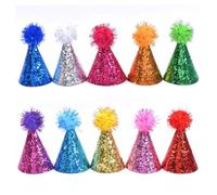 10 Pcs Mini Party Hats For Dinosaurs Figurines 1 Inch Glitter Cone Fingers Hats Plastic Ha Toys with Poms Pom Animal Figures