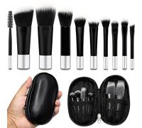 10 Pcs Mini Travel Makeup Brush Set with Pouch, Foundation, Eyeshadow, Blush, Highlighter, Angled Brow & Mascara Brushes - Soft Synthetic Fiber Brushes for On-The-Go & Daily Makeup (Black)