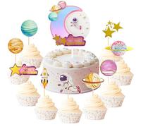 10 Pcs Outer Space Cake Toppers Astronaut Rocket Planet Galaxy Cake Topper, Outer Space Theme Cake Topper Happy Birthday Cake Decorations Party Supplies -Pink