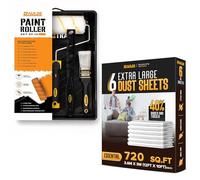 10 Pcs Paint Roller Set with 6X Large Dust Sheets - Complete Painting Kit with Rollers, Brushes, Trays, Masking Tape & Plastic Sheets for Walls, Ceilings & Furniture Protection