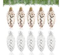 10 Pcs Pine Cone Baubles, Shiny Glitter Christmas Set, White Gold Hanging Ornaments for Tree, Large Decorated Pendants