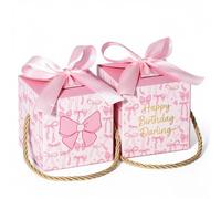 10 Pcs Pink Bow Gift Boxes with Handles, Happy Birthday Small Snack Boxes | 8 cm Cube Treat Bags for Birthdays, Weddings, Baby Showers and Kids Parties